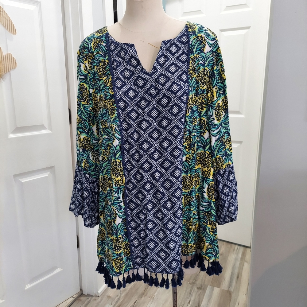 Ruby Rd top Multi Color V-neck Tassel Fringe Long Sleeves Size 1X